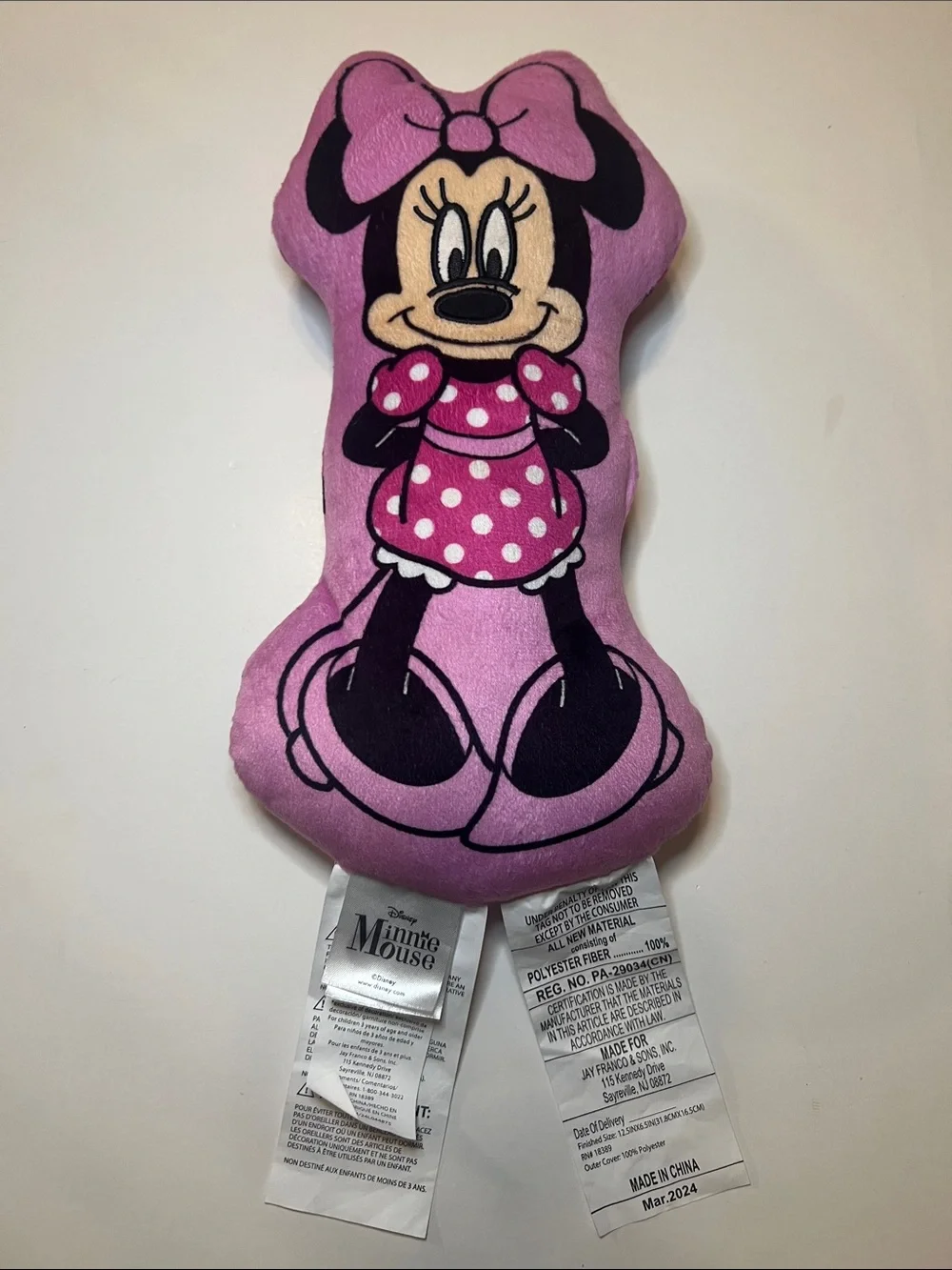 Disney Minnie Mouse Plush Pillow Pink Polka Dot Dress 12”x6” Stuffed Toy EUC